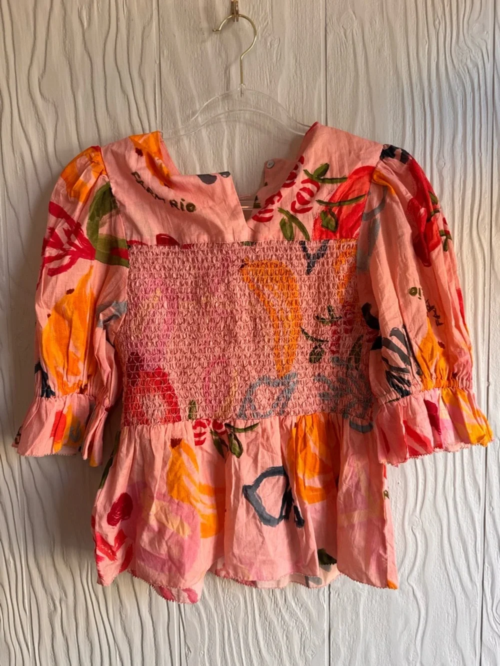 FARM Rio PINK FRUITS OCEAN BLOUSE Floral Smocked Puff-Sleeve Peplum Sz: Small